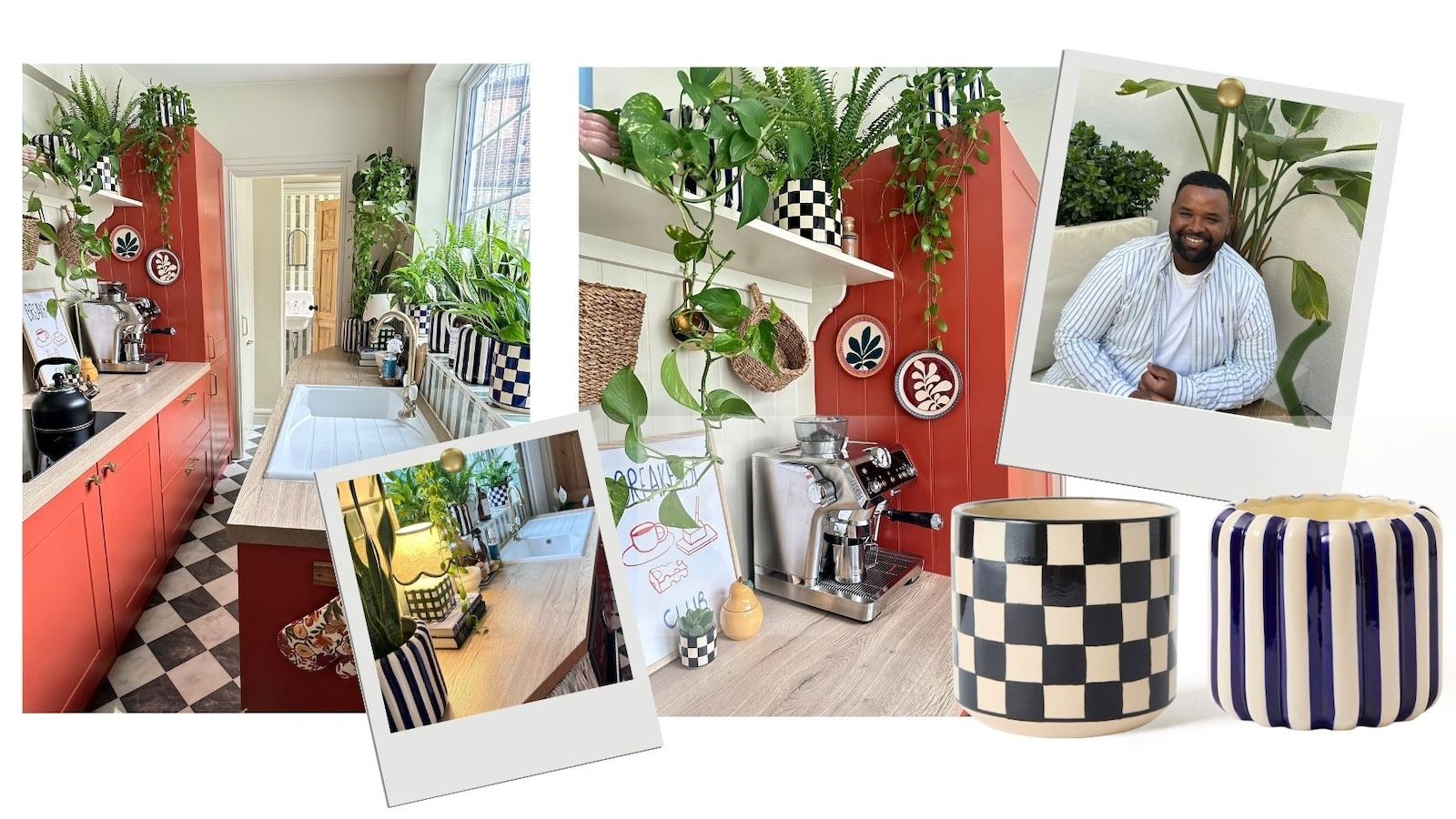 A mood board of imagery, showing a man wearing a striped shirt in front of a large plant, as well as a red kitchen with a checkerboard floor decorating with striped and checked pots.