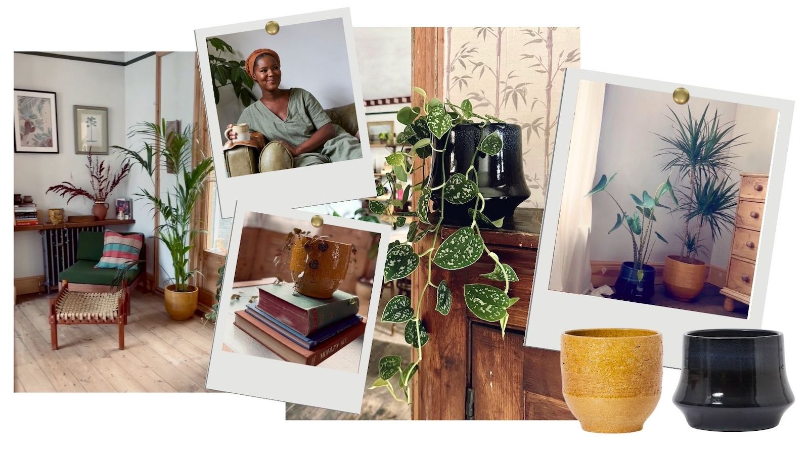 A mood board of imagery, showing a woman wearing a green dress and blue and yellow plant pots in a home decorated with earthy tones.