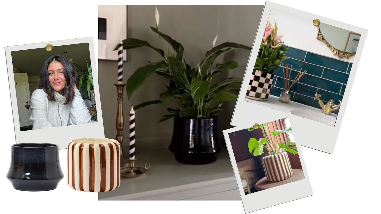 A mood board of imagery, showing a man wearing a white jumper, and a bathroom and sitting room with striped, checked and navy blue pots.