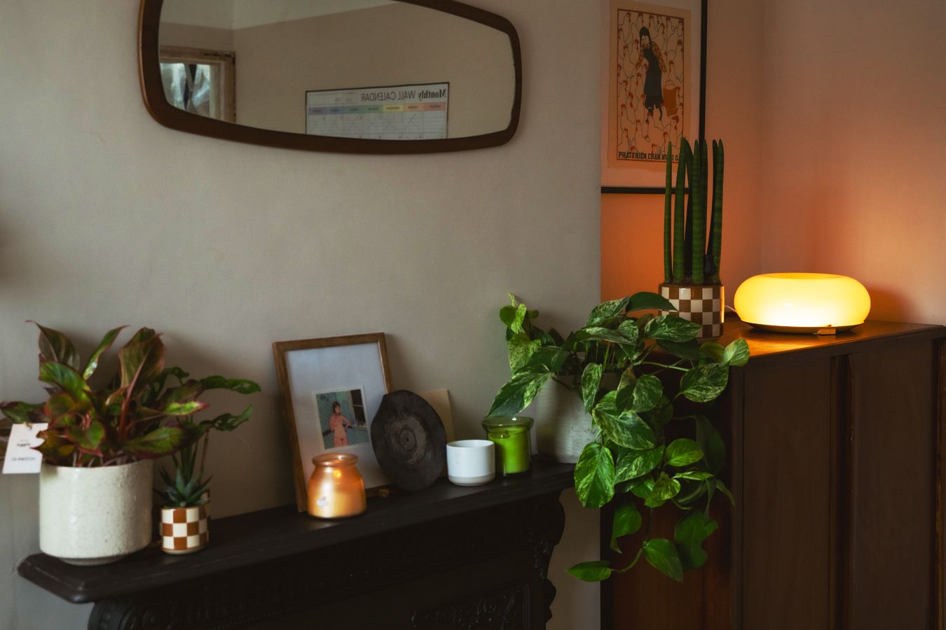 A black mantelpiece is decorated with houseplants