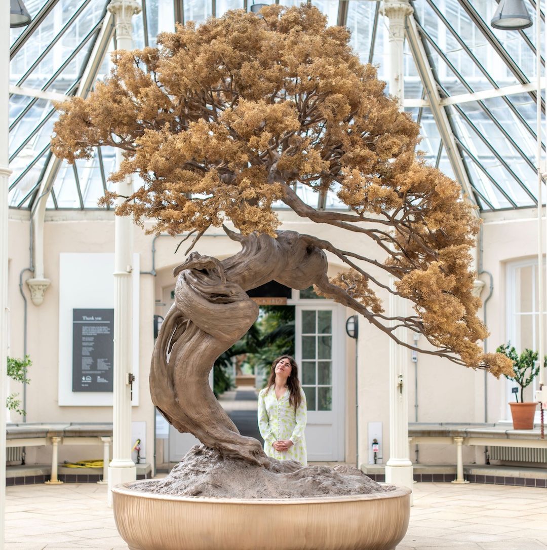 A woman is standing in a greenhouse, looking up and smiling at a large bronze sculpture of a tree.