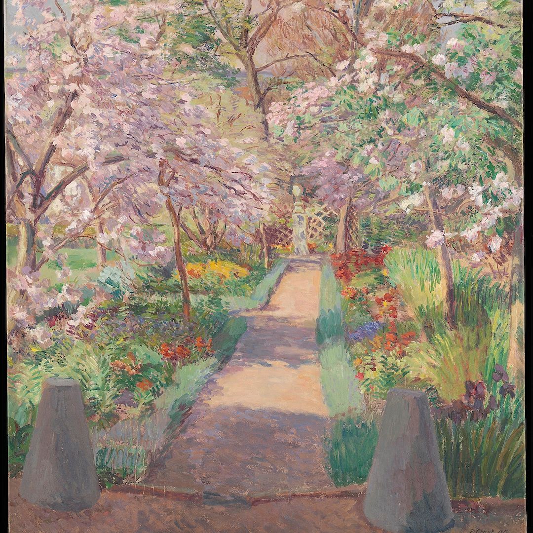 A painting shows a garden in bloom, with a pathway going down the centre of two flower beds.